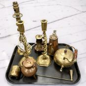 A pair of Victorian brass candlesticks, together with further antique and later copper and brass.