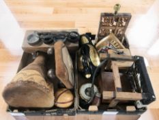 A hide covered drum, wooden abacus, coffee grinder, other treen items.