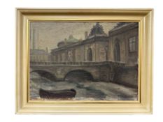 P Rille Holstin : Buildings by a bridge, oil on canvas, 38 cm x 28 cm.