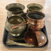 A group of brass planters, copper vessels, paper knife, etc.
