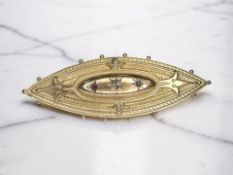 A Victorian 9ct gold diamond and ruby memorial brooch, width 5cm CONDITION REPORT: 4.