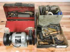 A quantity of hand tools and a Wickes 150mm bench grinder.