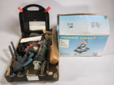A group of hand and power tools including Bosch, Powercraft circular saw in box, woodworking plane,