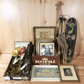 A group of pictures and prints, African wooden mask, walking sticks, umbrella, light fittings,