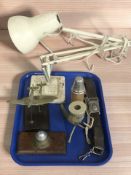 A 20th century enameled metal angle poise lamp, girl guides belt, a horn candlestick,