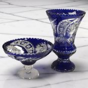 A blue flash cut crystal vase, height 27 cm, and a similar tazza.