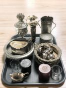 Assorted EPNS and pewter wares including napkin rings, pair of bottle coaster, an oil lamp,