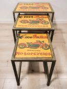A reproduction metal framed nest of three tables with Indian Motorcycles advertising, width 52 cm.