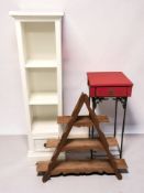 A pine triangular wall shelf, width 65 cm, a painted open shelf and a small occasional table.