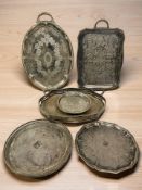 A group of EPNS serving trays, largest 60 cm wide.