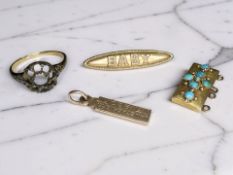 A vacant cluster ring mount, stamped 18C, a baby brooch stamped 9ct,