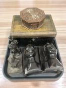 An antique jewellery box, pair of African hardwood busts, two further figures,