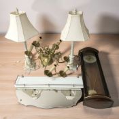 A reproduction wall clock, brass chandelier, pair of table lamps, mirror, etc.