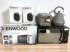 A Kenwood microwave in box, further Russell Hobbs microwave, a Tower toaster and kettle,