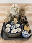 A Willow pattern blue and white miniature tea set, assorted busts, Danish studio pottery vase, etc.