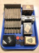 A group of playing cards boxes including an ebony example with silver mounts, a wooden cigar mould,