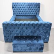A modern 4ft 6 bed frame in deep buttoned fabric, together with a matching storage Ottoman.