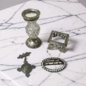 A small silver mounted crystal vase, height 9 cm, a further pierced silver stand,