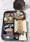A tray of costume jewellery, oriental lacquered box, chains, earrings, etc.