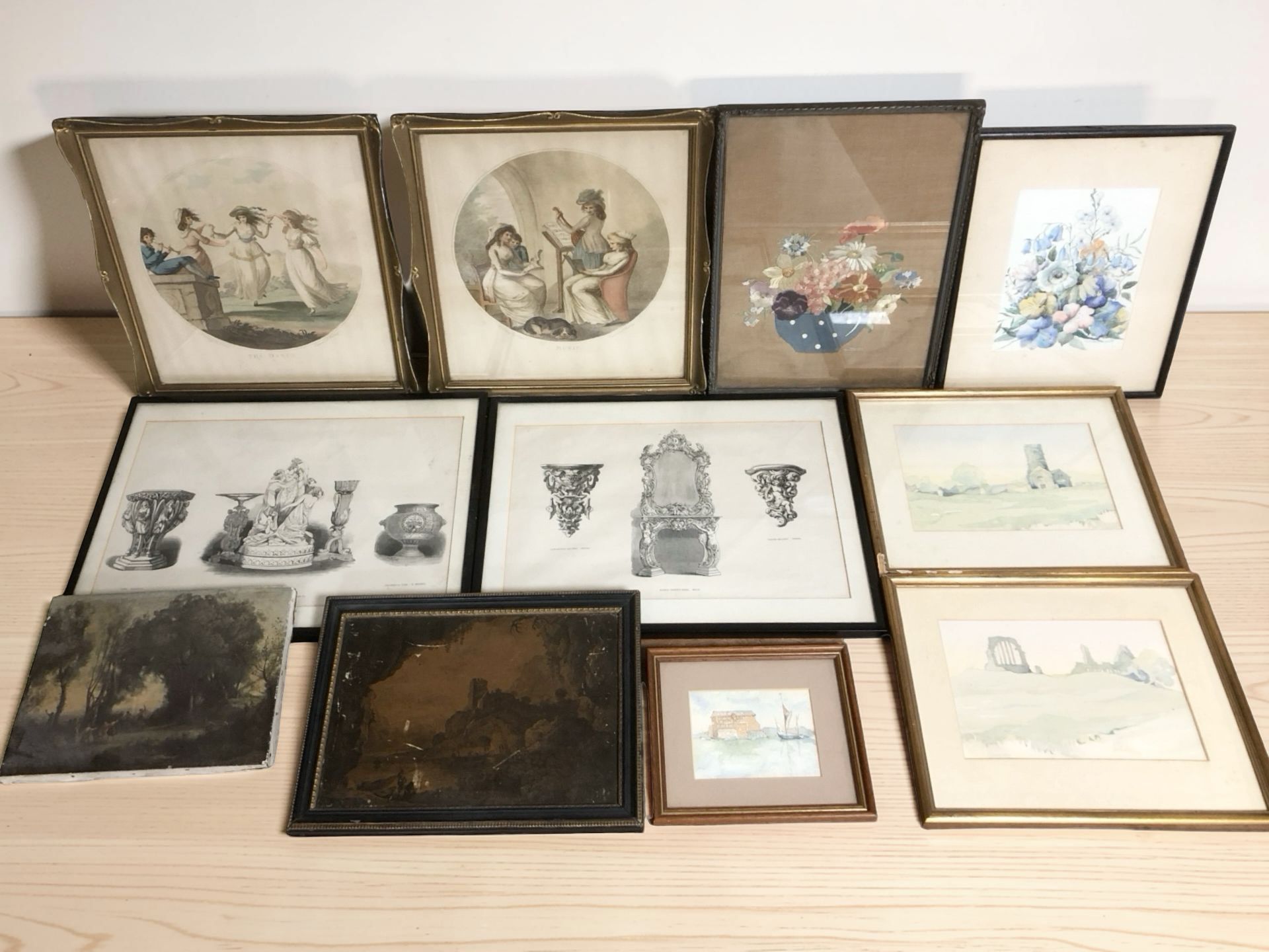 A small group of pictures and prints including a pair of hand coloured stipple engravings after