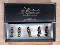 A W Britain five piece set of marching band drummers, in box.