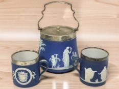A Wedgwood jasperware EPNS mounted biscuit barrel, height 23 cm including swing handle,