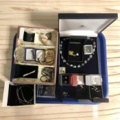 Assorted costume jewellery including pairs of earrings, lady's Seiko wristwatch, gold plated items,