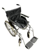 A folding wheelchair.