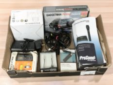 Assorted home electricals including wireless microphone kit, parking sensors, camera, etc.