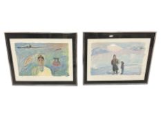 Two continental colour prints depicting figures and children, each 36 cm x 28 cm.