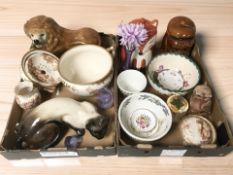 Assorted ceramics including biscuit jars in the form of a fox and a dog, Staffordshire style lion,
