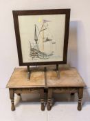An embroidered fire screen depicting a sailing ship and a pair of oak lamp tables.