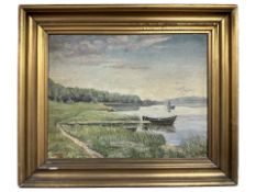 Danish School : Figure in a boat on a lake, oil on canvas, 33 cm x 26 cm.