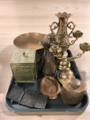 Brass and copper items including an eastern orthodox triptych icon depicting Christ,