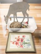 A Victorian circular footstool, metal figure of a deer, watercolour, linen,