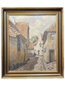 V Albertsen : Cottages in a cobbled street, oil on canvas, 39 cm x 47 cm.