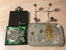 A silver plated gallery tray, small glass jug with silver rim, a silver lidded perfume bottle,