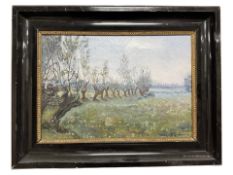 Danish School : Trees in an open landscape, oil on canvas, indistinctly signed, 28 cm x 19 cm.