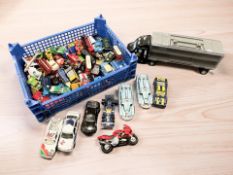 Approximately 70 play-worn die cast cars and other vehicles including Corgi, Matchbox SuperKings,