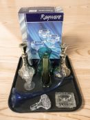 A boxed set of Sundae dishes, a Whitefriars sage teardrop vase, pair of mercury glass candlesticks,