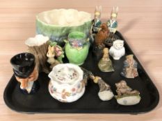 A group of Wade ornaments, Sylvac fruit bowl, Maling green lustre vase, etc.