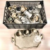 EPNS and pewter items including tea wares, etched crystal steins, serving tray, etc.