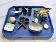 A silver-backed brush, a vintage metal corkscrew, and various plated wares,