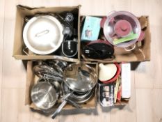 Assorted modern kitchen wares including stainless steel saucepans, coffee machine, pasta maker, etc.