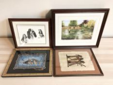 Four various pictures including an Australian Aboriginal art painting, Egyptian papyrus picture,