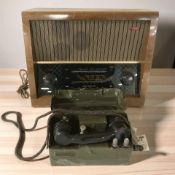 A vintage Murphy valve radio, width 48 cm and a military telephone.