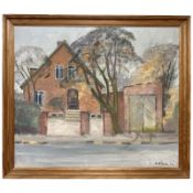 O Kiser : A red brick house by a road, oil on canvas, 64 cm x 55 cm.