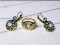 A gilded metal turquoise and faux pearl earrings with matching dress ring.