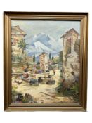 Danish School : Figures by a well with mountains beyond, oil on canvas, 50 cm x 60 cm.