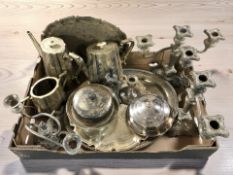 A plated three piece tea service, pair of candelabrum, dwarf candlestick stamped sterling,